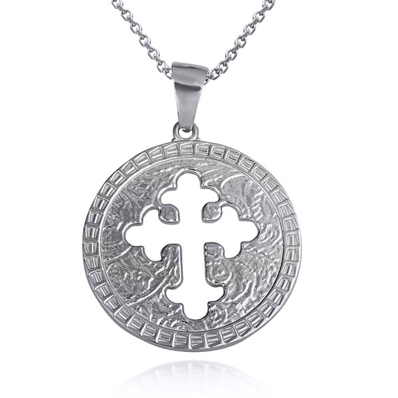 .925 Sterling Silver Religious Cross Cutout Medallion Pendant Necklace