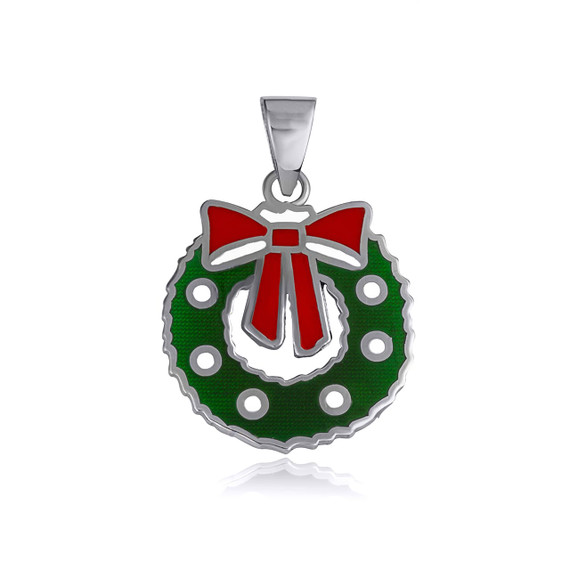 .925 Sterling Silver Christmas Holiday Wreath Enamel Pendant