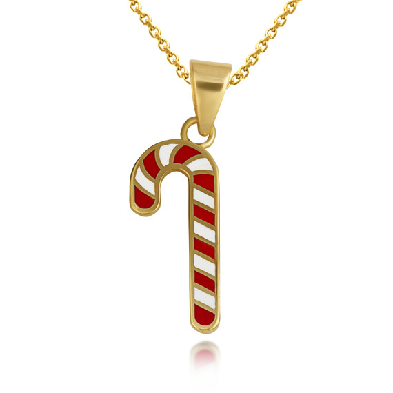 Yellow Gold Christmas Holiday Candy Cane Enamel Pendant Necklace