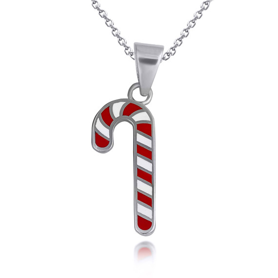 .925 Sterling Silver Christmas Holiday Candy Cane Enamel Pendant Necklace