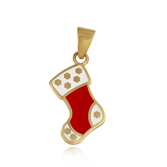 Yellow Gold Christmas Holiday Stocking Enamel Pendant