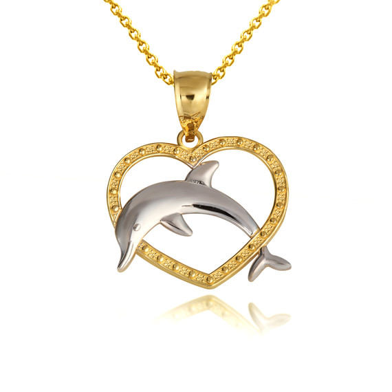 Two-Tone Beaded Heart Dolphin Pendant Necklace