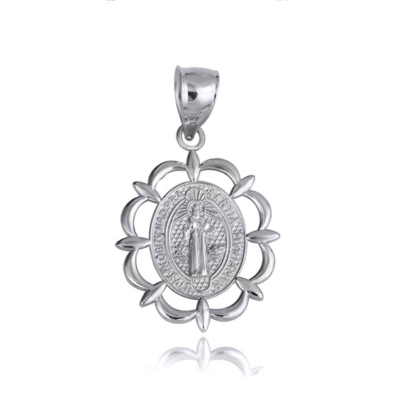 .925 Sterling Silver Reversible Saint Benedict Cross Oval Medallion Pendant