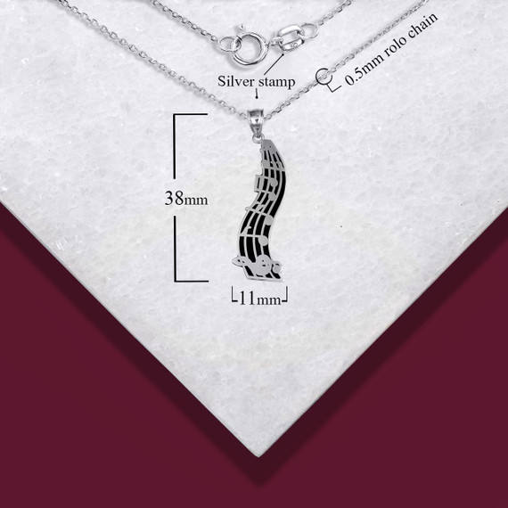 .925 Sterling Silver Music Staff Treble Clef Notes Enamel Pendant Necklace with measurements