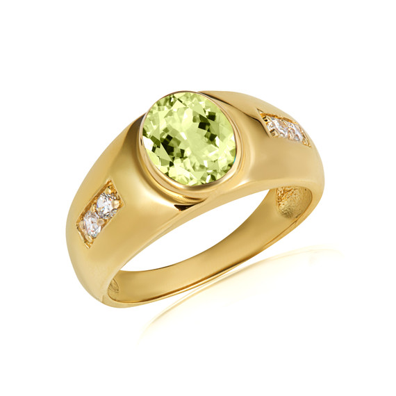 Gold Oval Peridot Gemstone Art Deco Ring