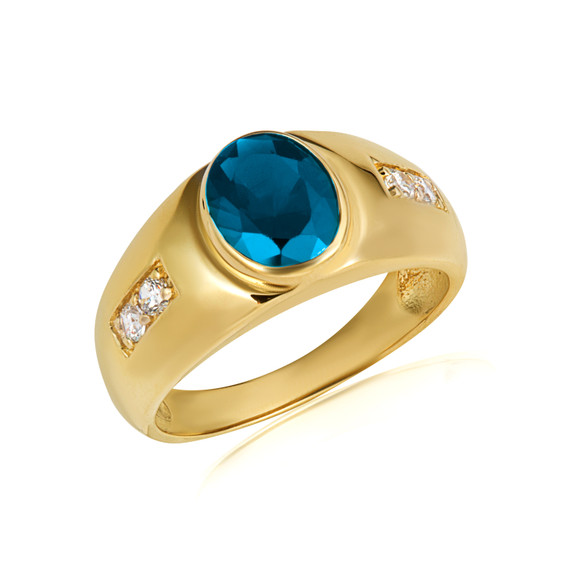 Gold Oval Blue Topaz Gemstone Art Deco Ring