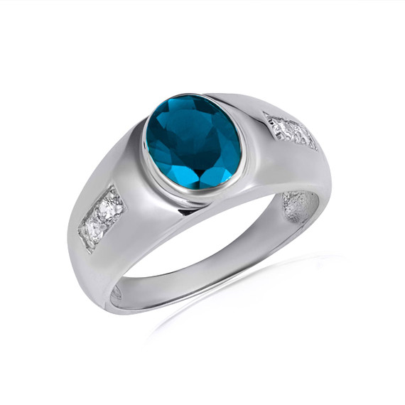 .925 Sterling Silver Oval Blue Topaz Gemstone Art Deco Ring