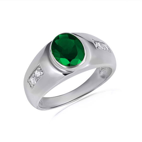 .925 Sterling Silver Oval Emerald Gemstone Art Deco Ring