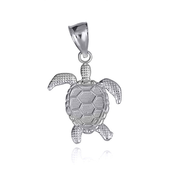 White Gold Textured Sea Turtle Ocean Pendant