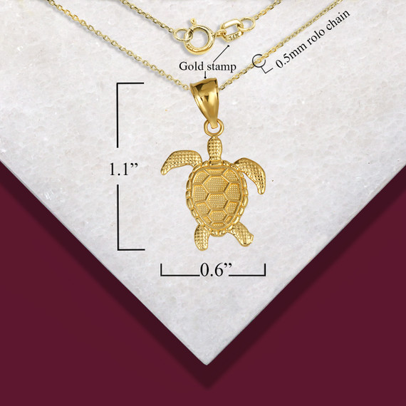 Gold Textured Sea Turtle Ocean Pendant Necklace with measurement