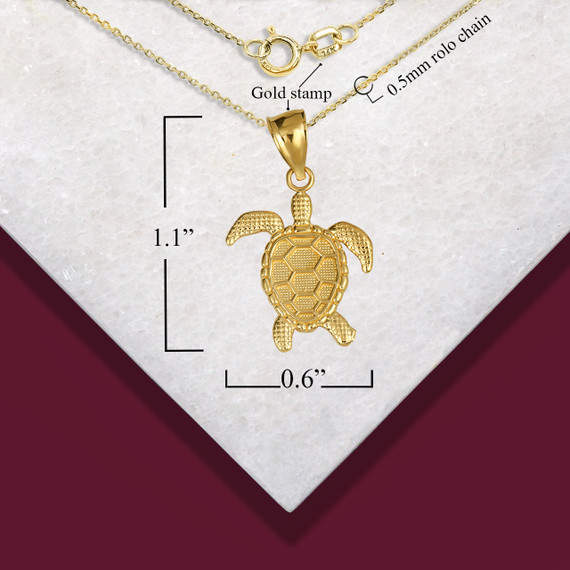 Yellow Gold Beaded Sea Turtle Ocean Pendant Necklace with measurement