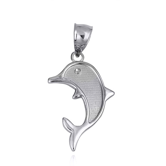 White Gold Textured Dolphin Ocean Pendant Necklace