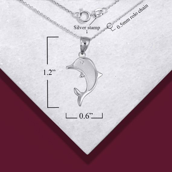 .925 Sterling Silver Textured Dolphin Ocean Pendant Necklace with measurements