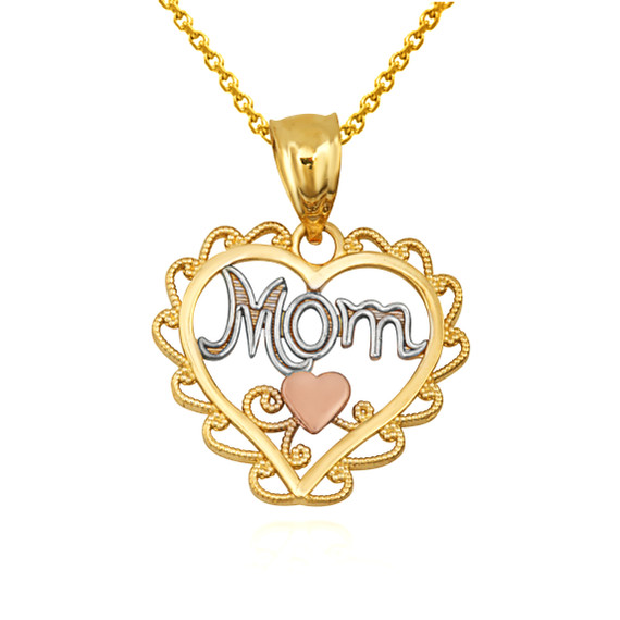 Tri Color Filigree Mom Heart Mother's Pendant Necklace