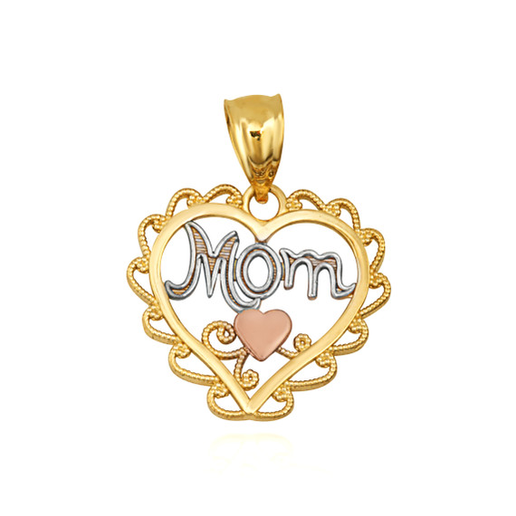 Tri Color Filigree Mom Heart Mother's Pendant