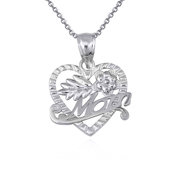 .925 Sterling Silver Mom Heart Flower Mother's Pendant Necklace