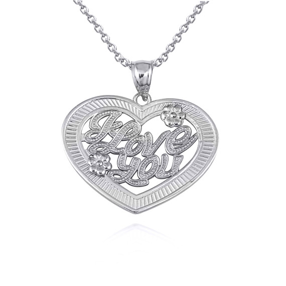 .925 Sterling Silver Beaded I Love You Heart Flower Pendant Necklace