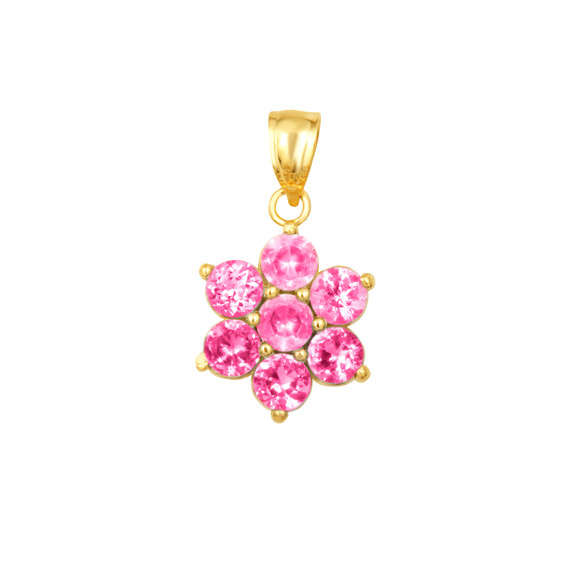 14K Yellow Gold Flower Petal Pink CZ Gemstone Pendant