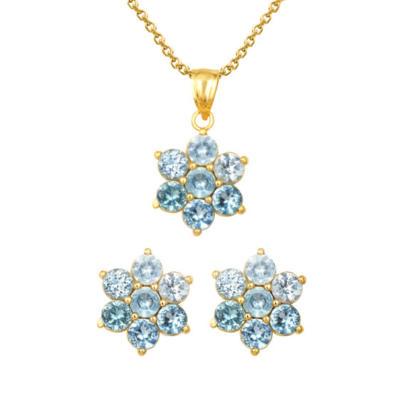 14K Yellow Gold Flower Petal Gemstone Pendant Necklace and Earrings Set