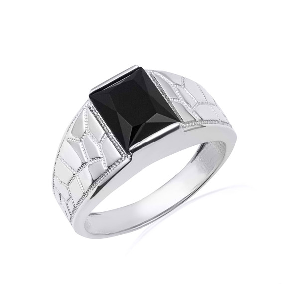 .925 Sterling Silver Square Black Onyx Gemstone Nugget Band Ring