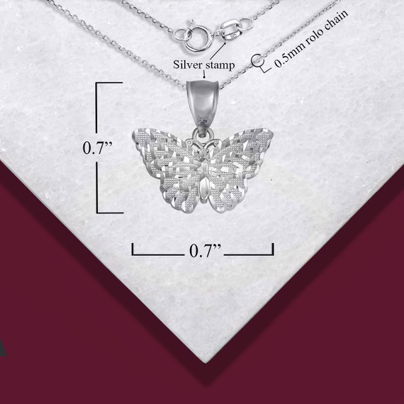 .925 Sterling Silver Diamond Cut Butterfly Charm Pendant Necklace with measurements