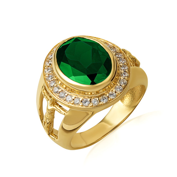 Gold Oval Emerald Gemstone Jesus Christ Cross Crucifix Ring