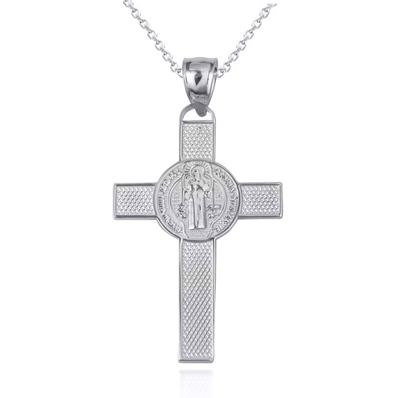 White Gold Saint Benedict Medal Cross Reversible Pendant Necklace