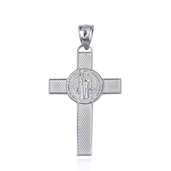 White Gold Saint Benedict Medal Cross Reversible Pendant