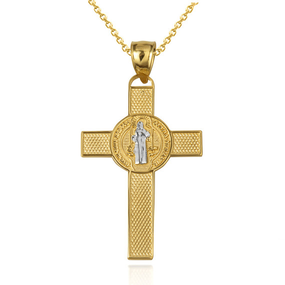 Two-Tone Gold Saint Benedict Medal Cross Reversible Pendant Necklace S/L (Available in Yellow/Rose/White)