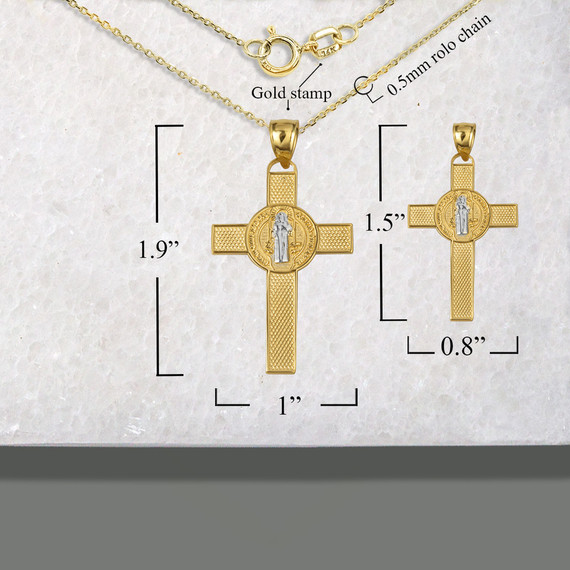 Gold Saint Benedict Medal Cross Reversible Pendant Necklace Small and Large measurements