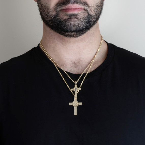 Gold Saint Benedict Medal Cross Reversible Pendant Necklace on male model