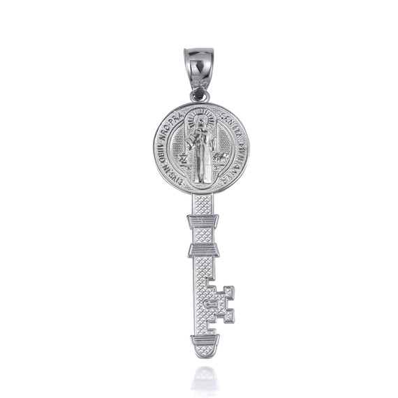 White Gold Saint Benedict Medal Key Reversible Pendant