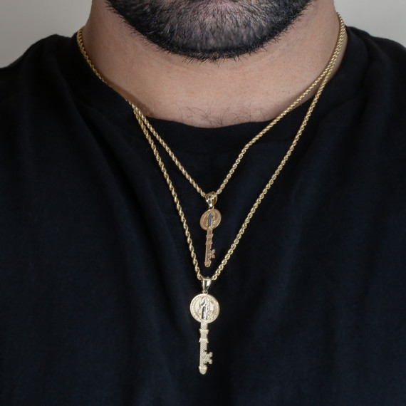 Gold Saint Benedict Medal Key Reversible Pendant Necklace on male model