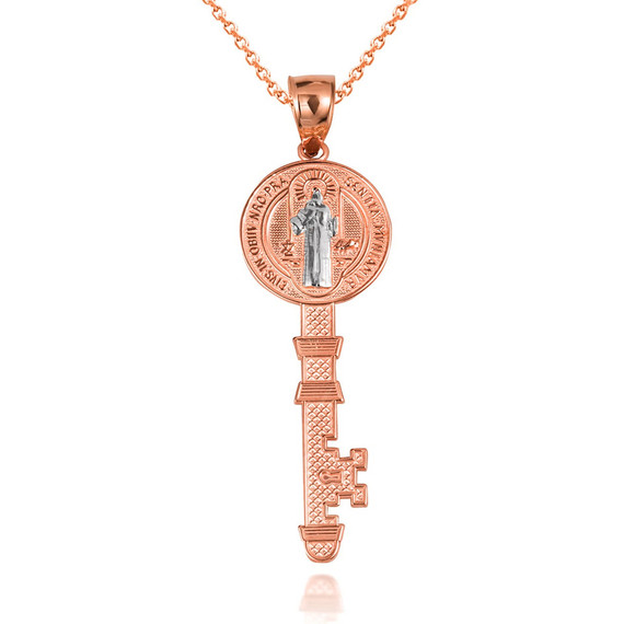Rose Gold Saint Benedict Medal Key Reversible Pendant Necklace