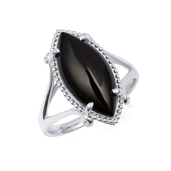 White Gold Beaded Marquise Cut Black Onyx Gemstone Ring