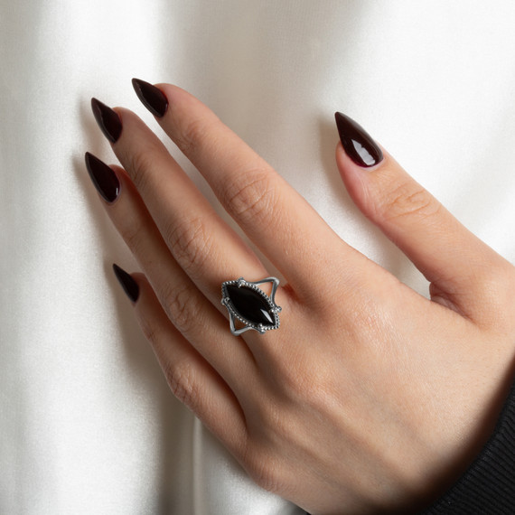 .925 Sterling Silver Beaded Marquise Cut Black Onyx Gemstone Ring on female model