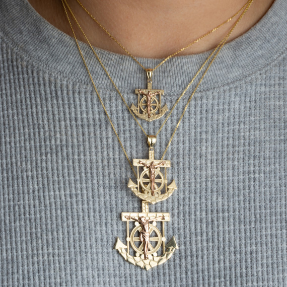 Two Tone Mariners Anchor Jesus Cross Crucifix Nugget Pendant Necklace on female model