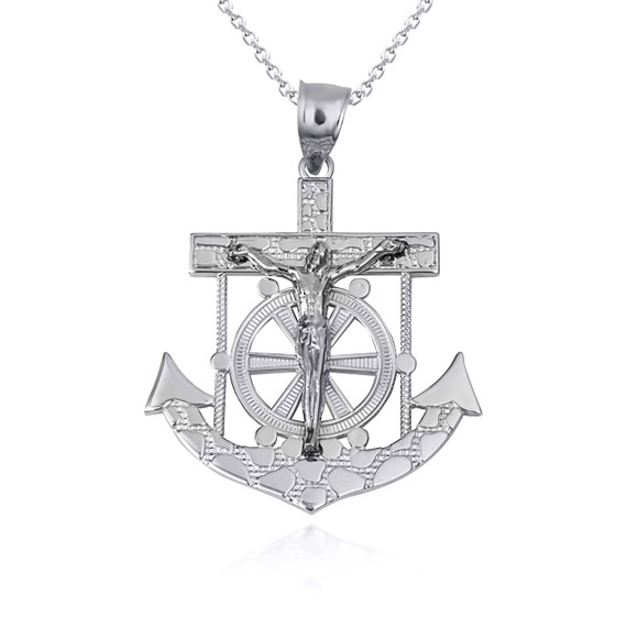 .925 Sterling Silver Mariners Anchor Jesus Cross Crucifix Nugget Pendant Necklace
