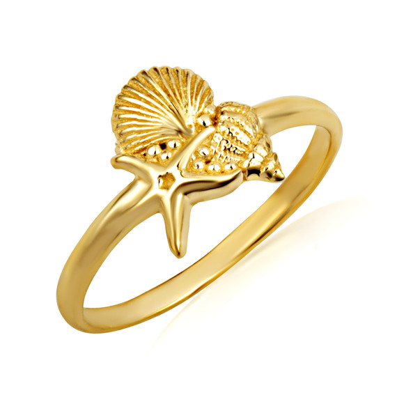 Gold Starfish And Seashell Ocean Ring