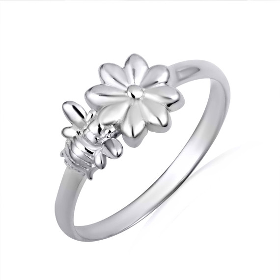 White Gold Daisy Flower Bee Ring