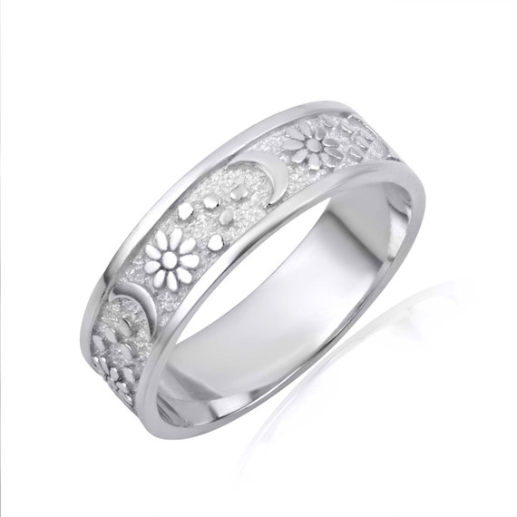 White Gold Daisy Flower Moon Textured Band Ring