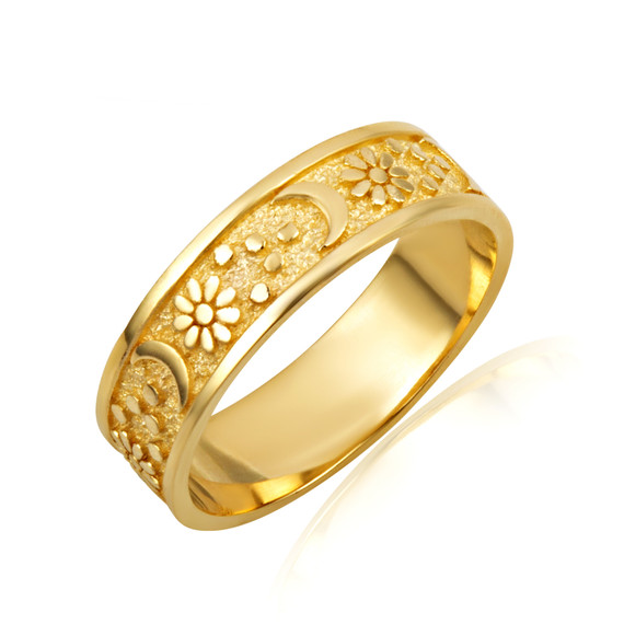 Yellow Gold Moon & Flower Daisy Band Ring