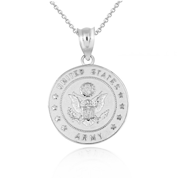 White Gold United States Army Officially Licensed Eagle Emblem Medallion Pendant Necklace