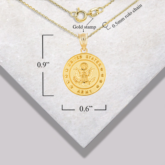 Gold United States Army Officially Licensed Eagle Emblem Medallion Pendant Necklace with measurements