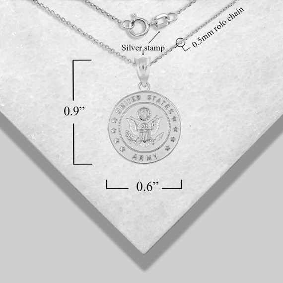 .925 Sterling Silver United States Army Officially Licensed Eagle Emblem Medallion Pendant Necklace with measurements