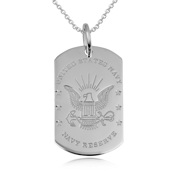 White Gold Engravable United States Navy Reserve Officially Licensed Emblem Dog Tag Medallion Pendant Necklace