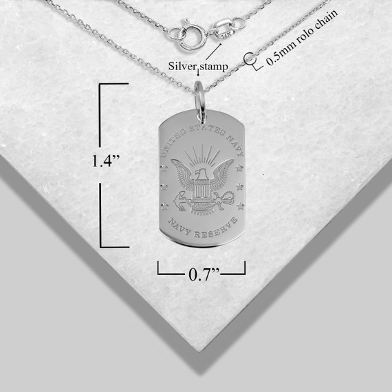 .925 Sterling Silver Engravable United States Navy Reserve Officially Licensed Emblem Dog Tag Medallion Pendant Necklace with measurements