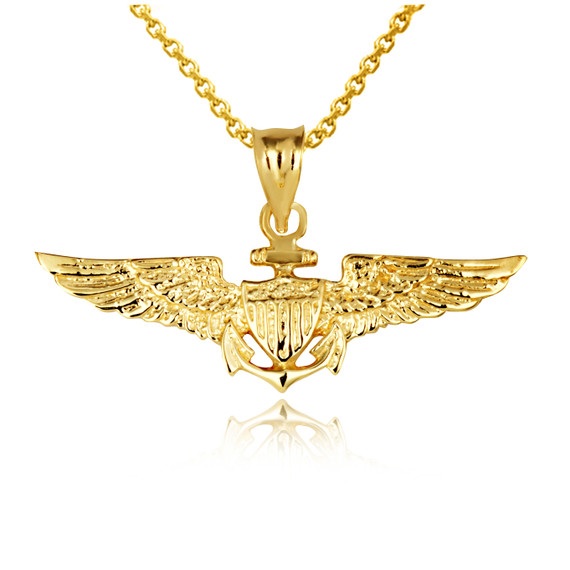 Gold United States Navy Officially Licensed Shield Eagle Anchor Emblem Pendant Necklace (Available in Yellow/Rose/White Gold)
