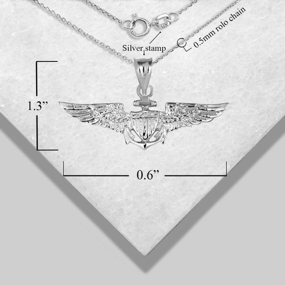 .925 Sterling Silver United States Navy Officially Licensed Shield Eagle Anchor Emblem Pendant Necklace with measurements