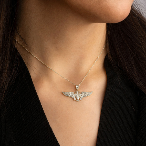 .925 Sterling Silver United States Navy Officially Licensed Shield Eagle Anchor Emblem Pendant Necklace on female model
